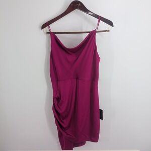 NWT Lulus Ruched‎ Lined Twist Cowl Neck A-Line Mini Dress Fuchsia Pink Size L